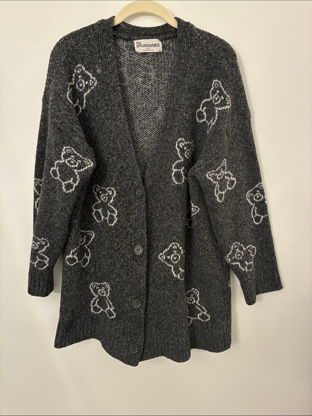 No Boundaries Charcoal Gray Teddy Bear Button Cardigan